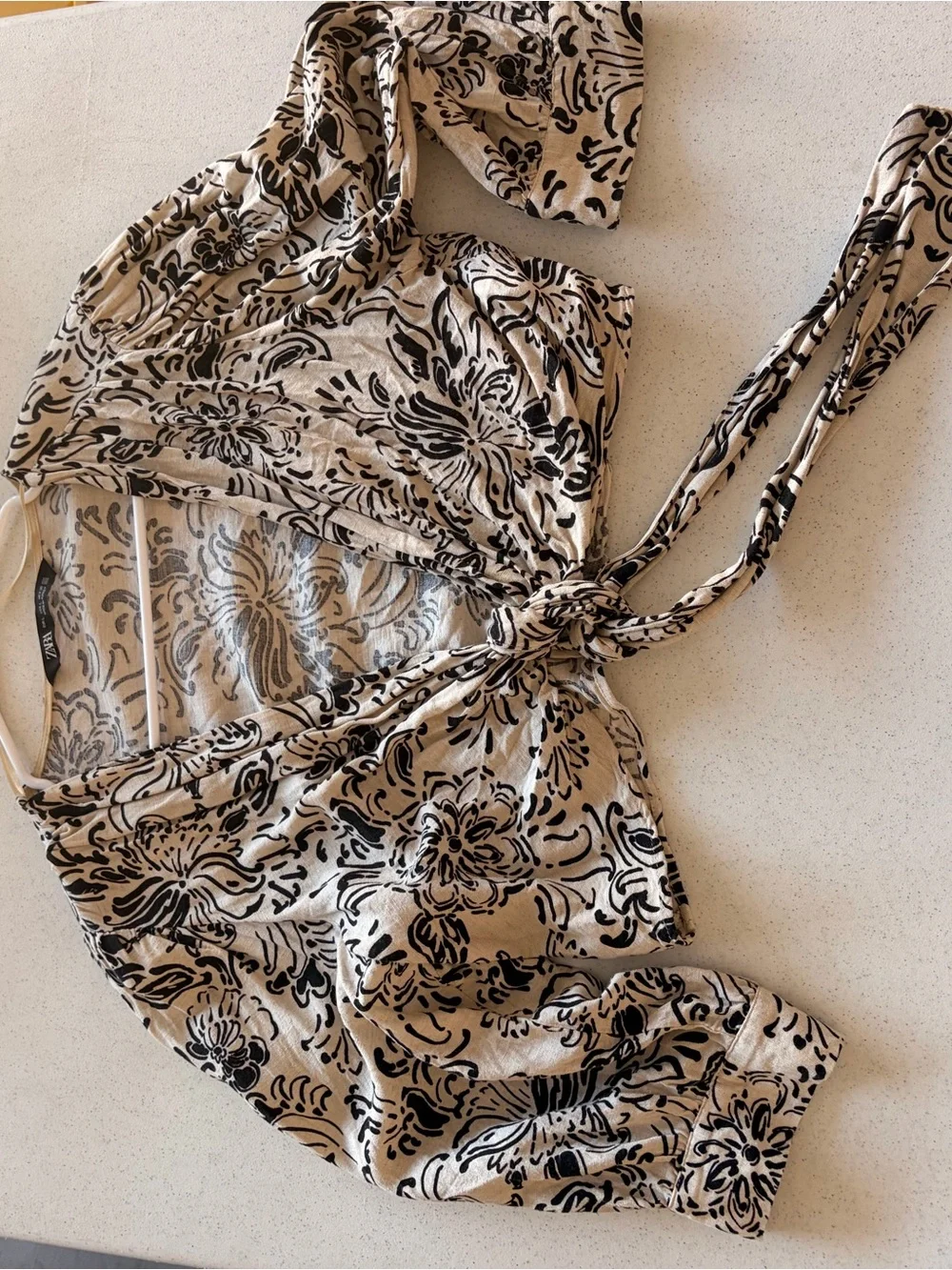 Zara Black Floral Tie-Front Cream Crop Blouse